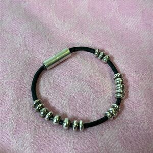 Silver Beaded Bracelet with Black Leather Cord